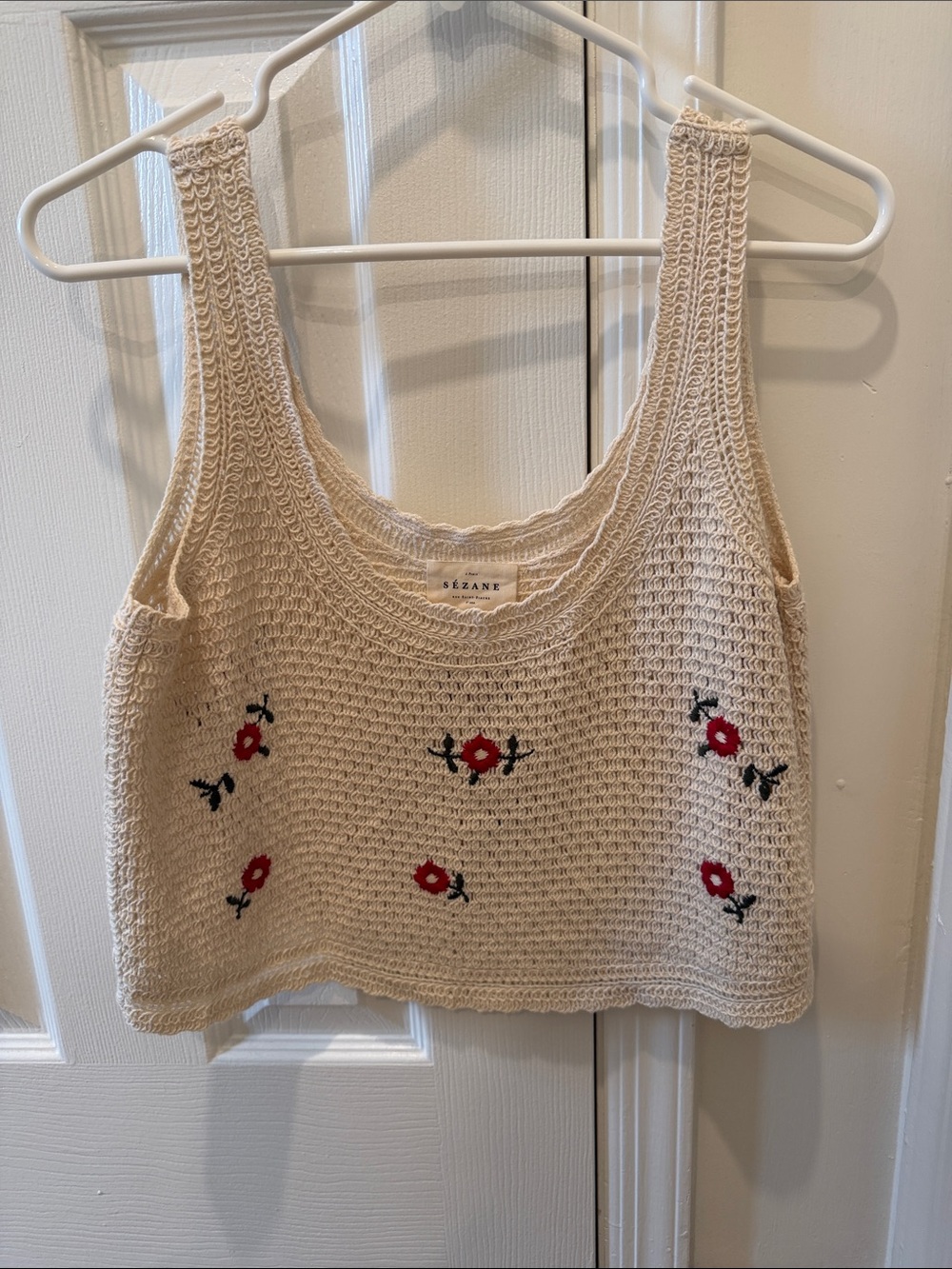 Sézane Cream Crochet Tank Top with Red Floral Embroidery